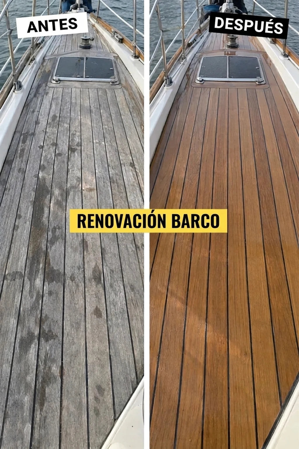 Foto comparativa: cubierta de barco antes (gris, deteriorada) y después (marrón, teca refrescada) de la renovación.