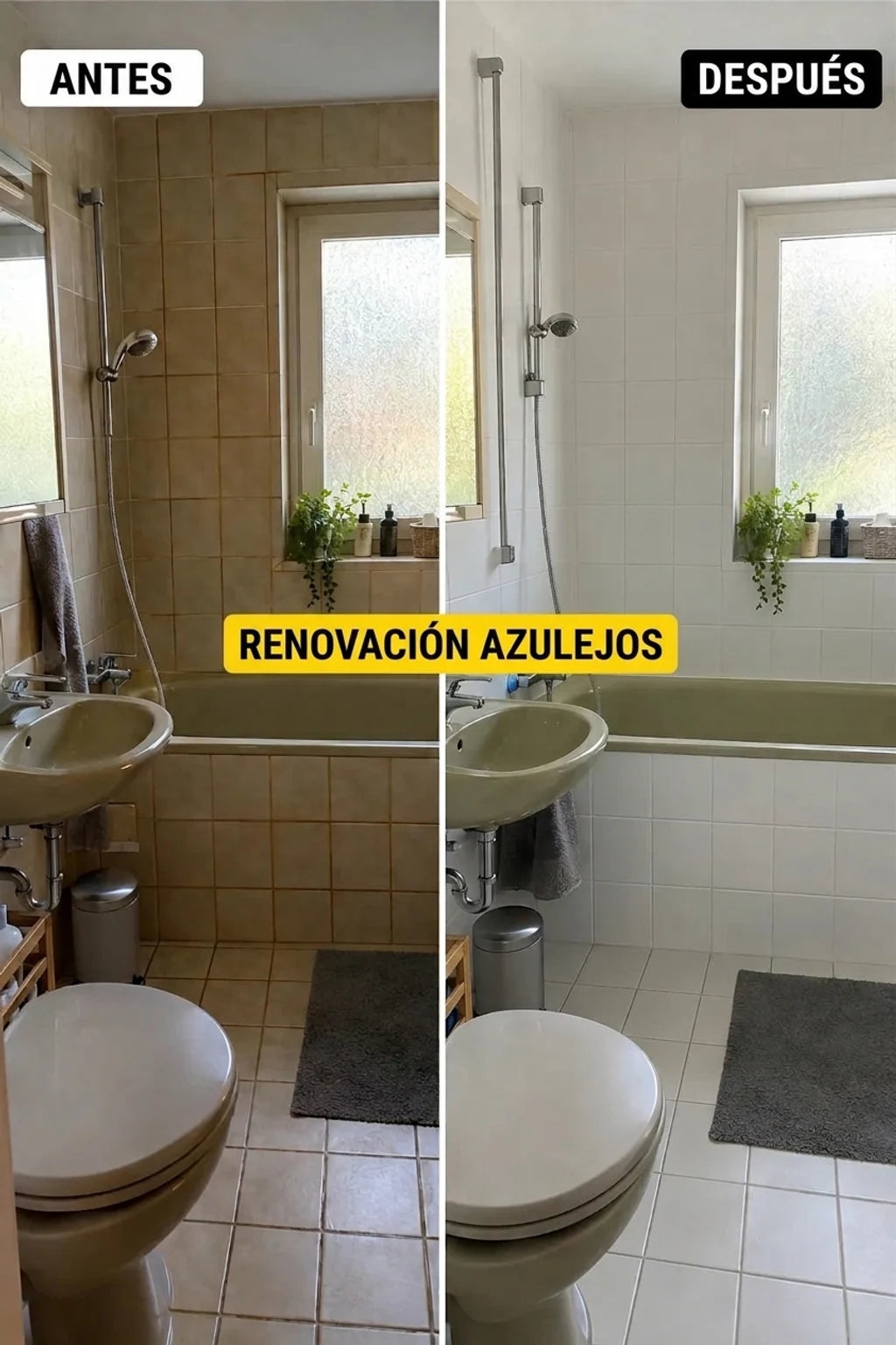 Baño antes y después de la metamorfosis: los viejos azulejos beige dejaron paso a unos blancos claros, refrescando el interior.