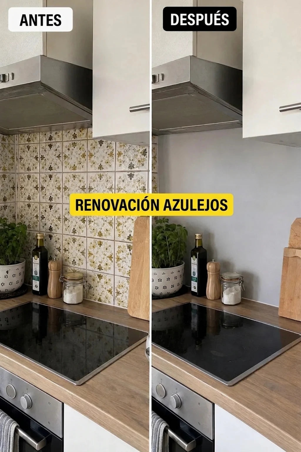 Comparación antes y después de la renovación de una cocina: viejos azulejos sustituidos por una pared gris lisa sobre la encimera.