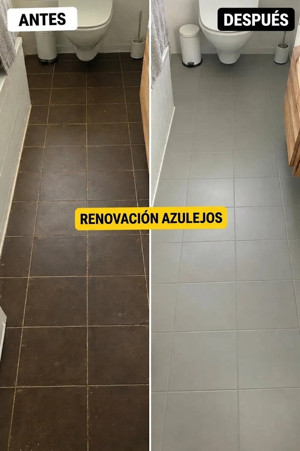 Reforma de azulejos de baño: comparación antes y después. Viejos azulejos oscuros cambiados por nuevos gris claro.