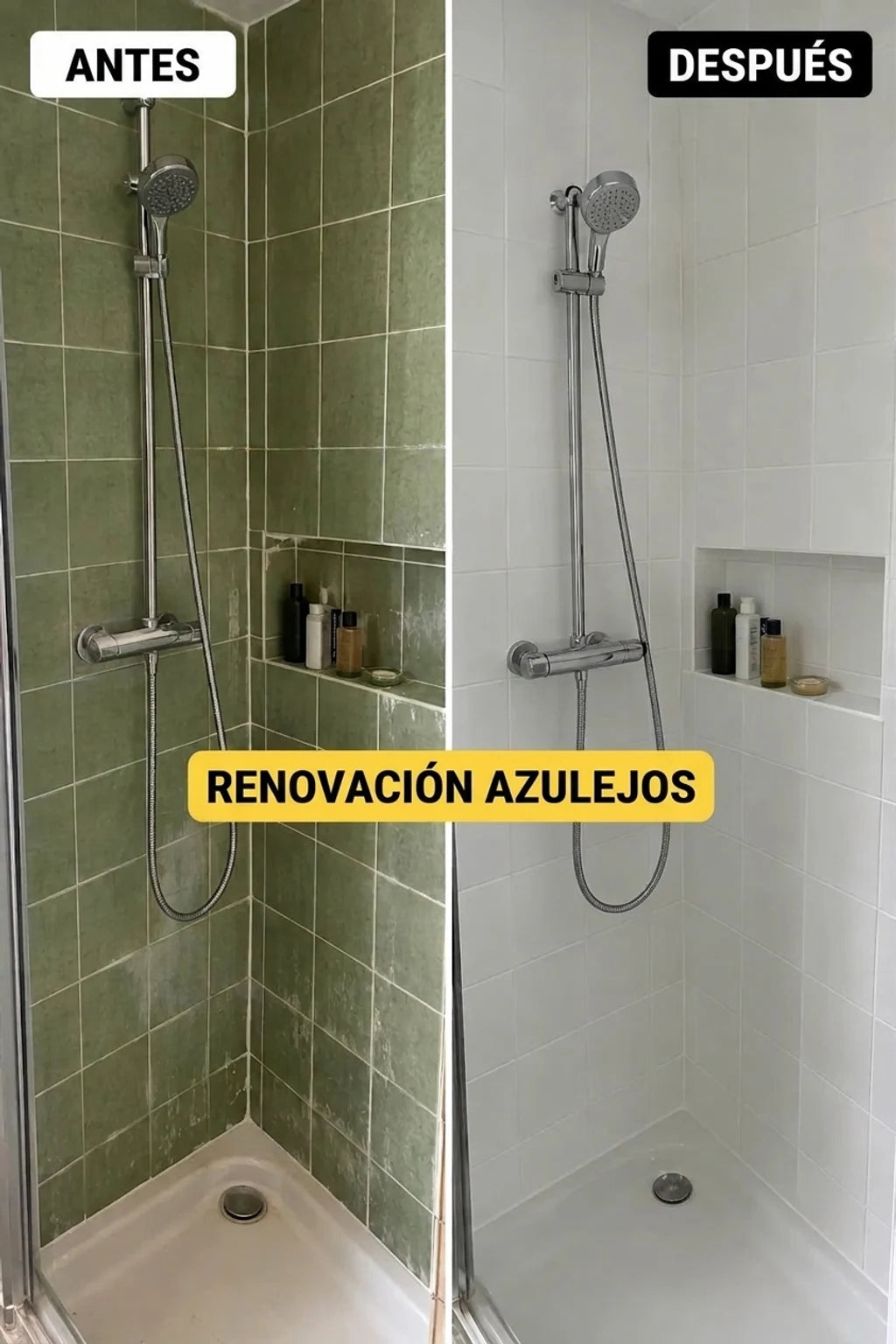 Antes y después de la metamorfosis de los azulejos de la ducha: viejos azulejos verdes cambiados por nuevos blancos.