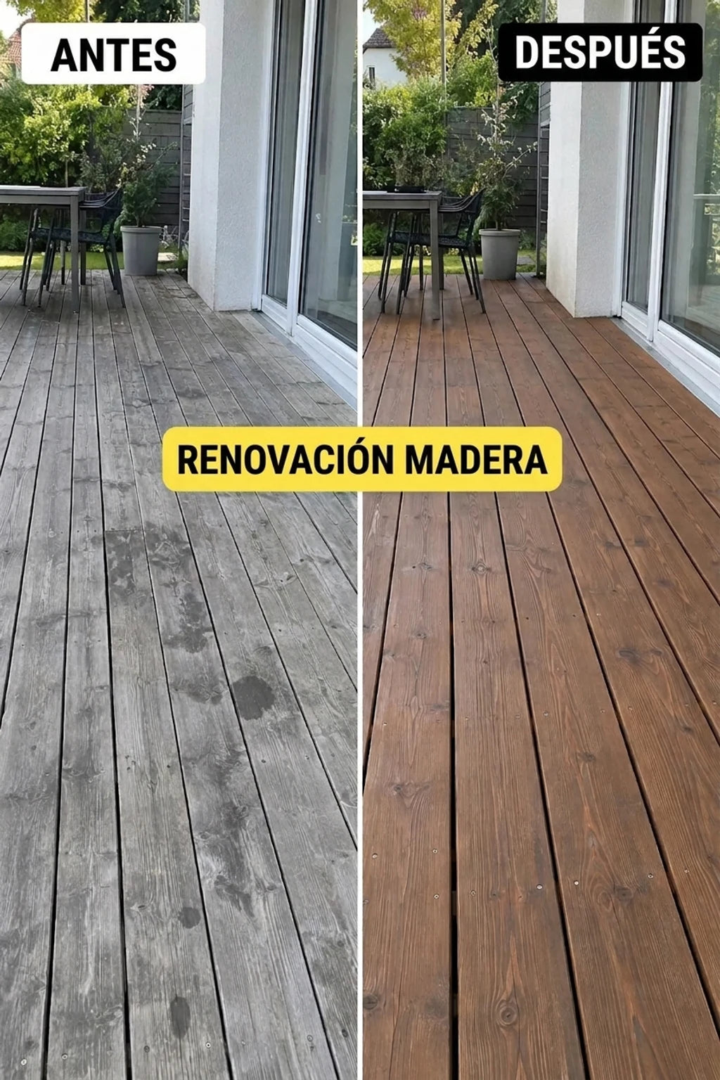 Terraza de madera antes y después de la renovación. Antes: tablas grises y desgastadas por la intemperie. Después: madera refrescada, marrón y cuidada.