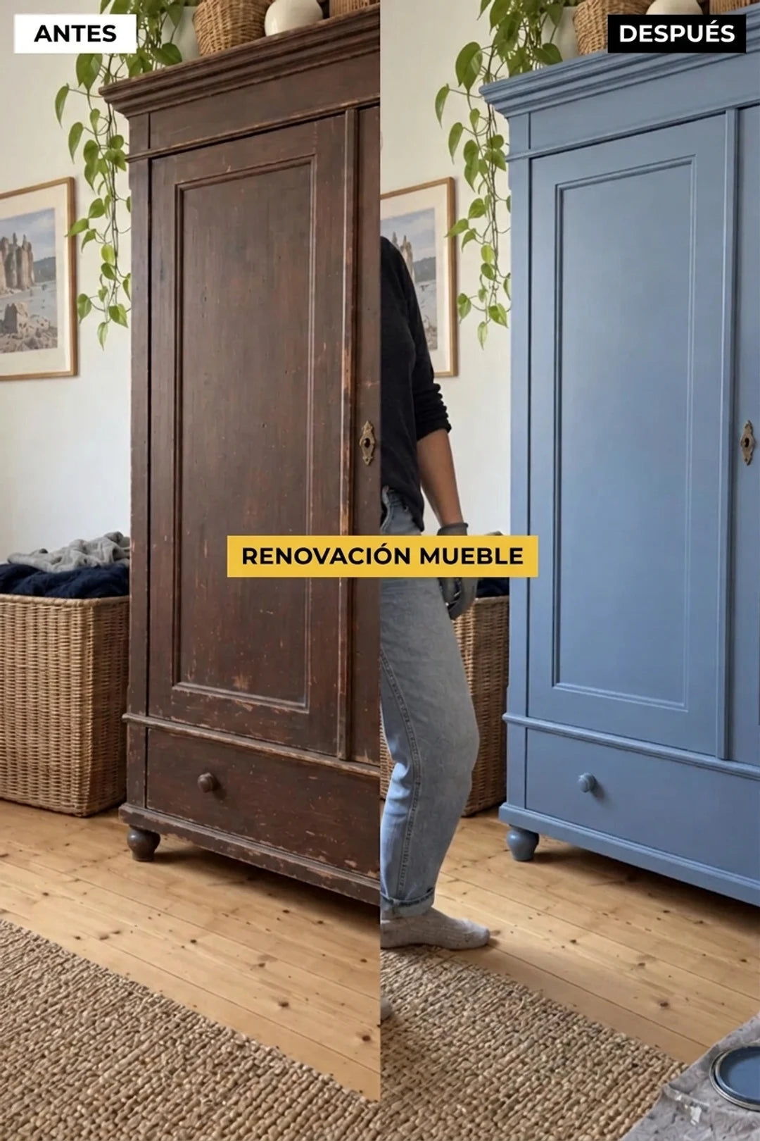 ANTES y DESPUÉS: Armario de madera viejo y oscuro sometido a una metamorfosis y pintado de azul. Renovación rápida de muebles.