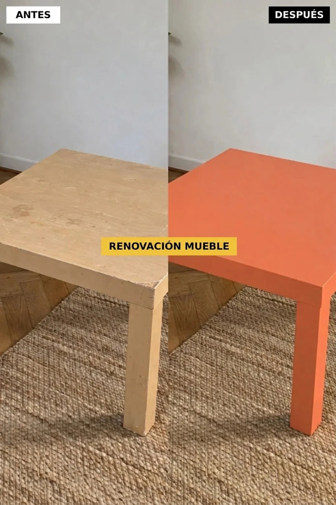 Antes y después de la renovación: mesa de madera clara deteriorada transformada en una mesita moderna y naranja.