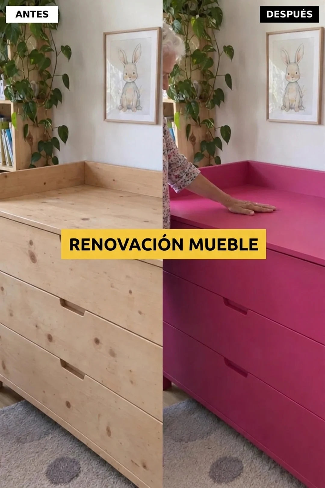 Cómoda antes y después de la renovación: madera natural frente a un rosa intenso.