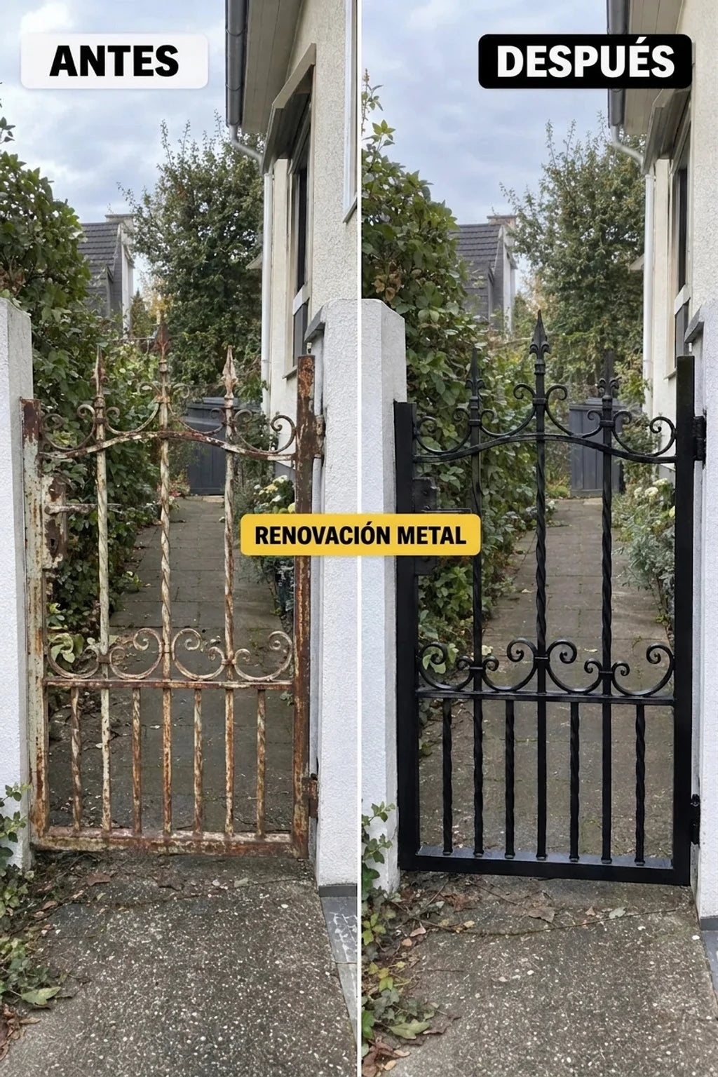 Renovación de una vieja puerta metálica oxidada: antes y después, del óxido a un elegante negro.