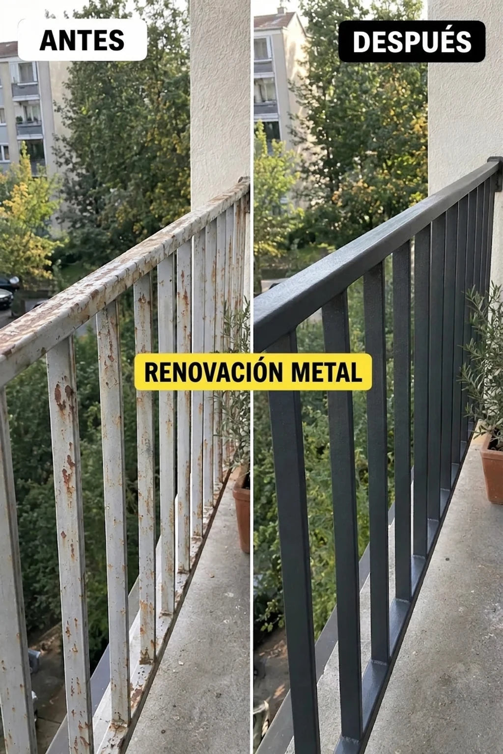 Antes y después: barandilla de balcón metálica vieja y oxidada y renovada, pintada de gris oscuro.