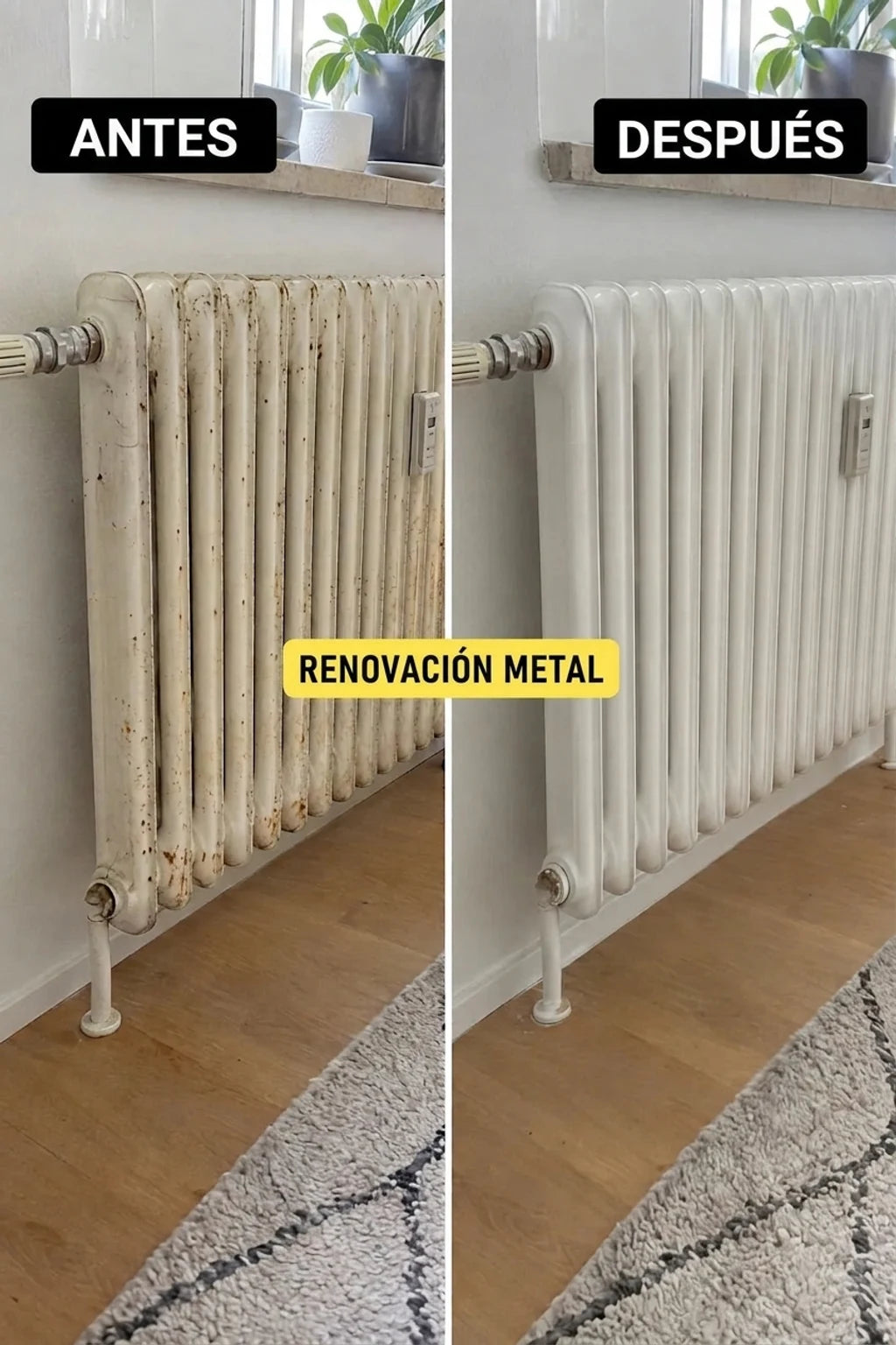 Antes y después: comparación de un radiador blanco viejo y oxidado con un radiador recién pintado y limpio.