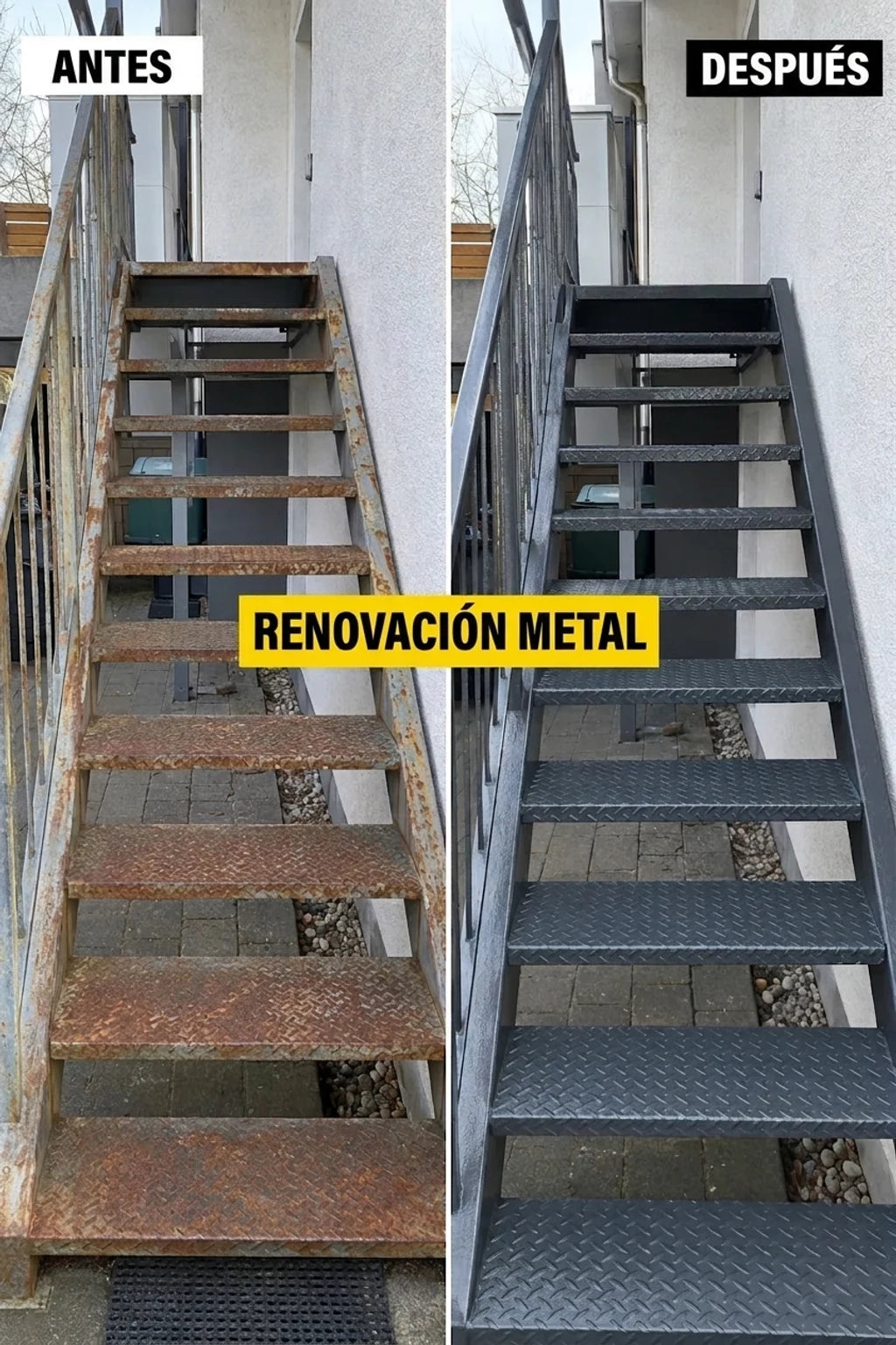 ANTES y DESPUÉS: Escaleras metálicas oxidadas renovadas con pintura gris oscuro, con aspecto de nuevas.