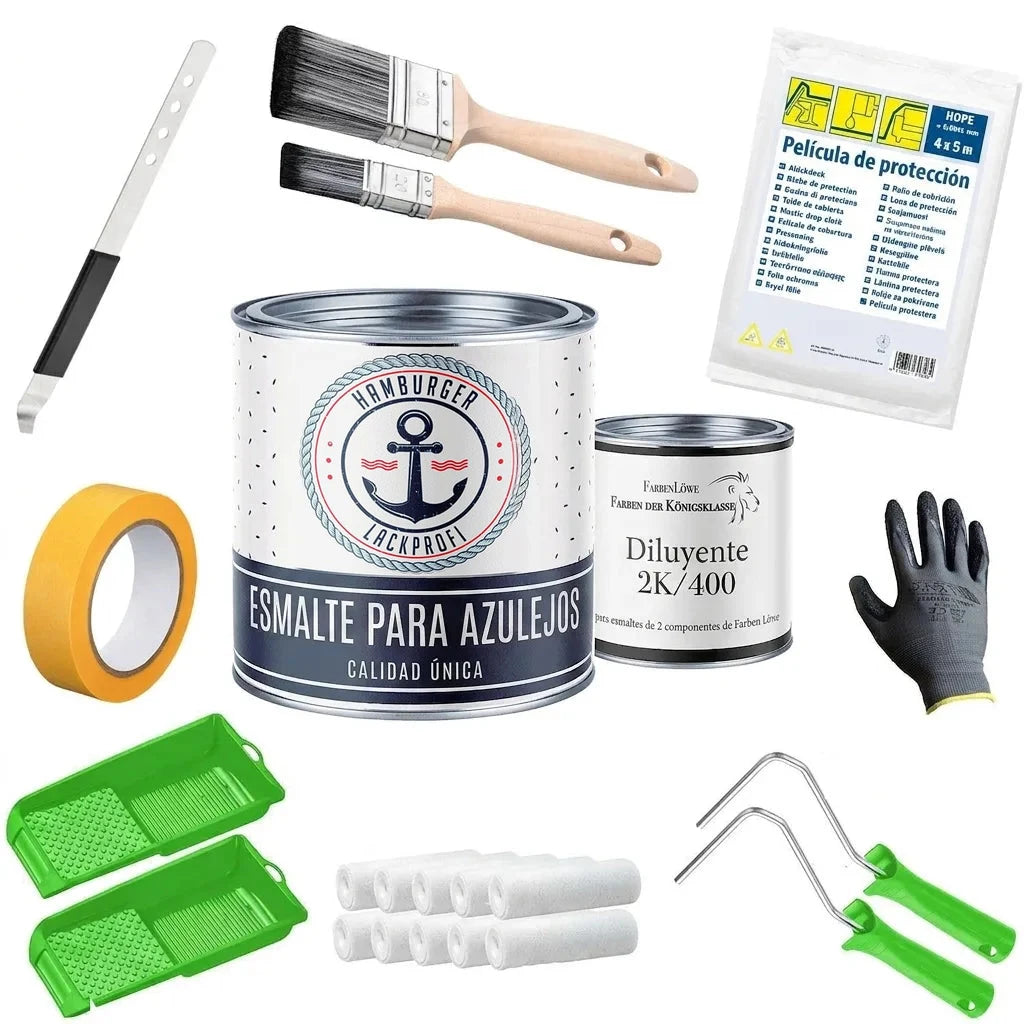 Suministros para pintar: esmalte para azulejos, diluyente, brochas, rodillos, bandejas, cinta y lámina protectora.