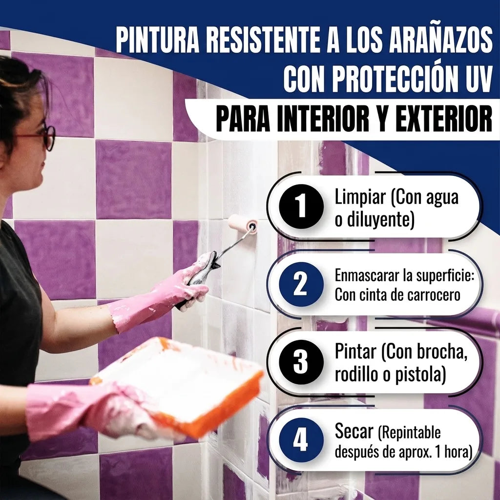 Mujer pintando azulejos. Pintura alemana anti-arañazos UV para interior/exterior. Pasos: limpiar, encintar, pintar, secar.