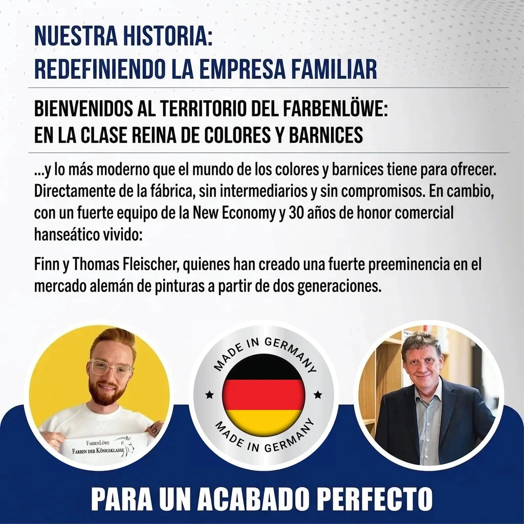 Finn y Thomas Fleischer, empresa familiar alemana Farbenlöwe, expertos en pinturas. Sellos 'Made in Germany'.
