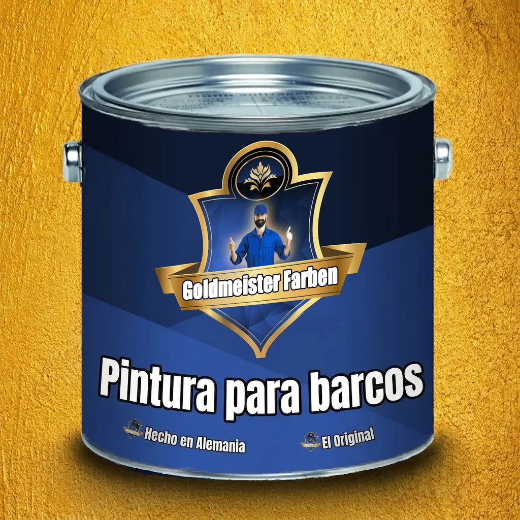 Lata de pintura azul oscuro Goldmeister Farben con la etiqueta 'Bootslack' (barniz para barcos) y 'Hecho en Alemania'.