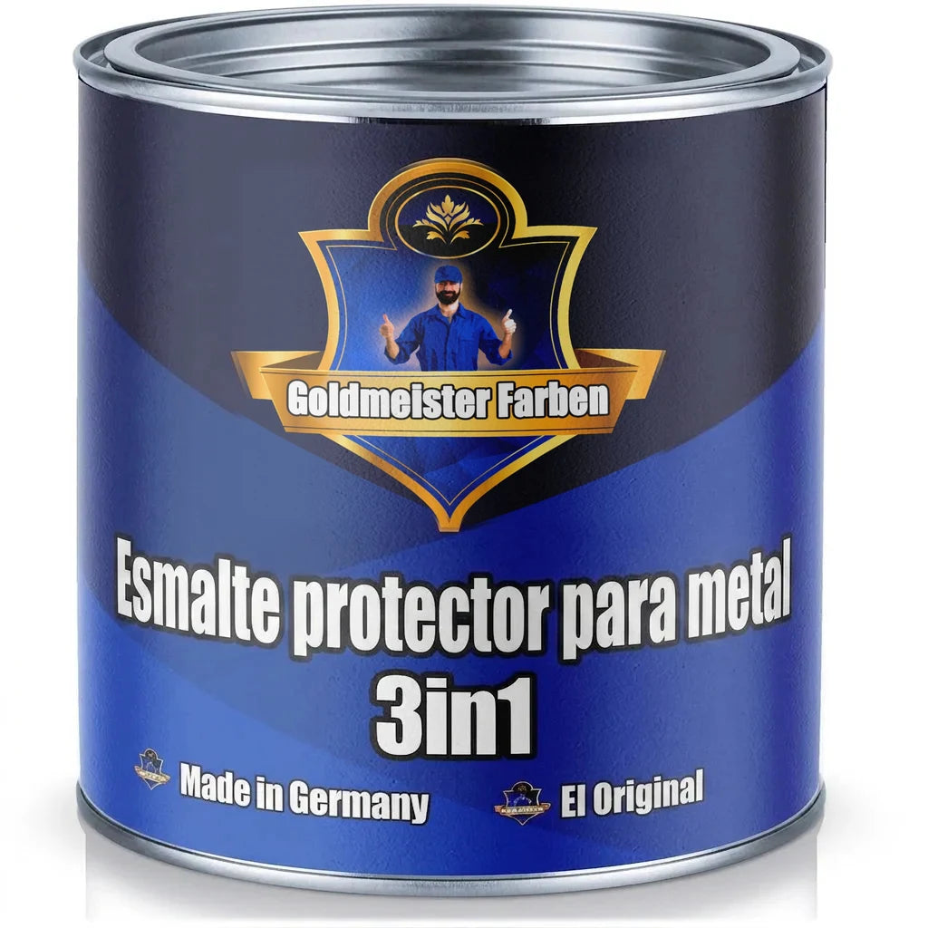 Bote de pintura azul Goldmeister Farben, laca protectora de metal 3 en 1. 'Made in Germany'.