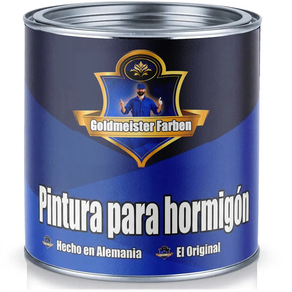Bote de pintura azul Goldmeister Farben para hormigón, con texto 'Betonfarbe' y 'Made in Germany'.