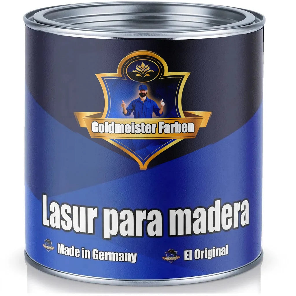 Bote de barniz para madera azul Goldmeister Farben, 'Made in Germany', con etiqueta de un hombre aprobando.