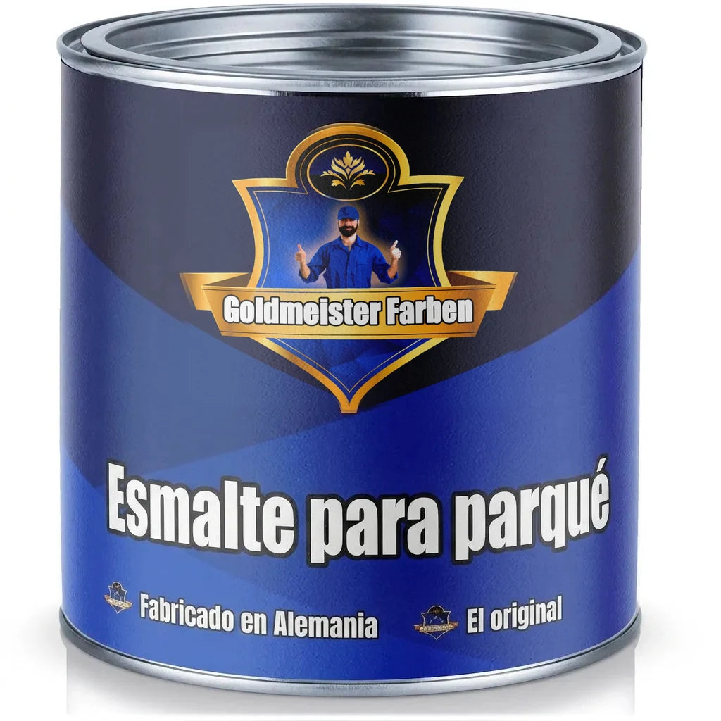 Lata de pintura Goldmeister Farben azul para lacado de parquet, con texto 'Made in Germany' y 'Das Original'.
