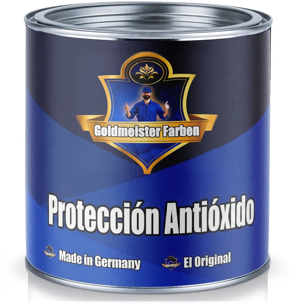 Lata de pintura azul Goldmeister Farben 'Rostschutz' (protección contra el óxido), 'Made in Germany'.