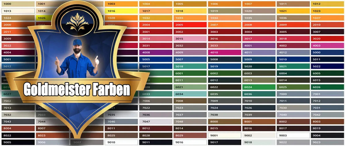 Carta de colores Goldmeister Farben con códigos RAL, mostrando una amplia gama de tonos de pintura.