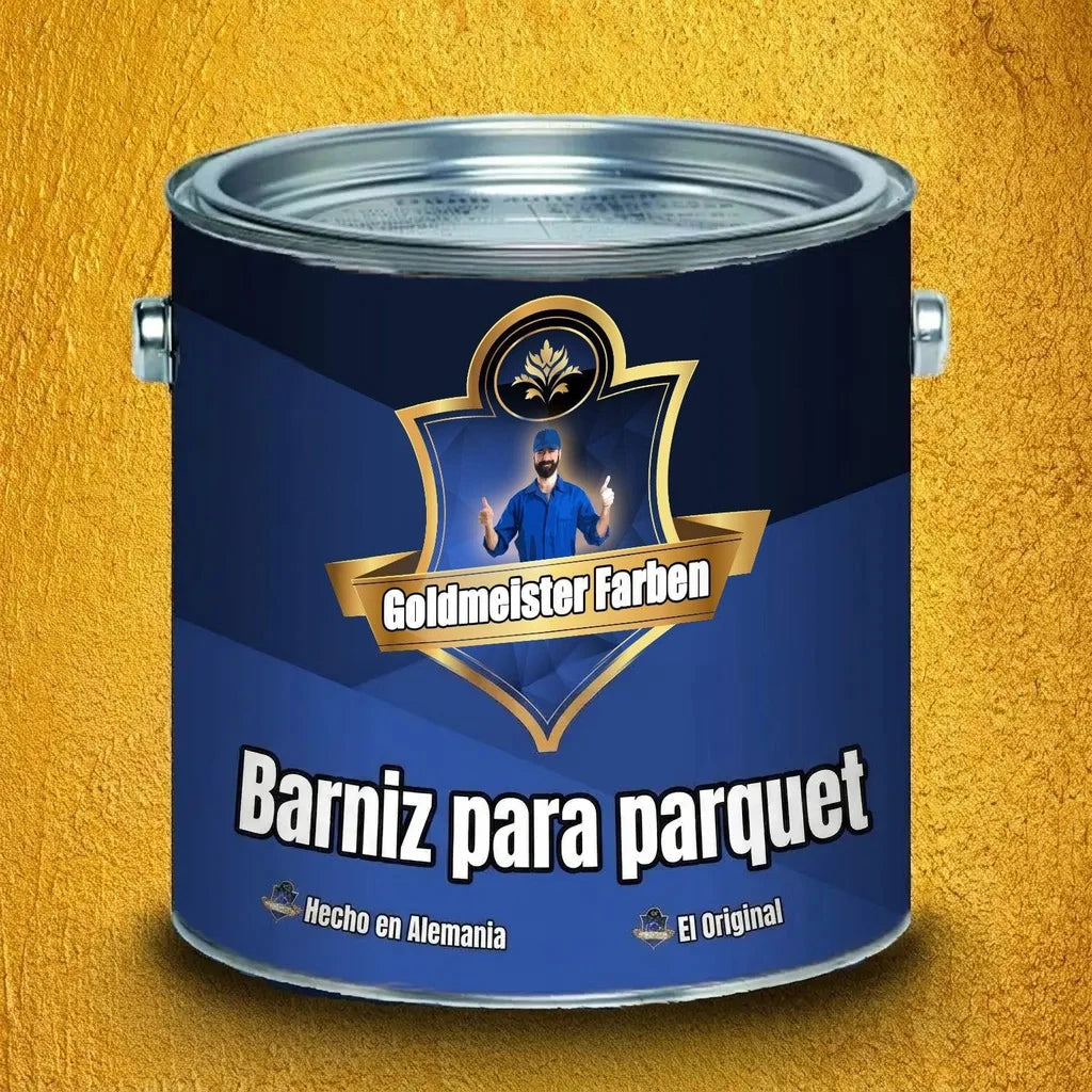 Bote de laca para parquet Goldmeister Farben, azul oscuro, con logo de hombre y pulgares arriba, fondo dorado.