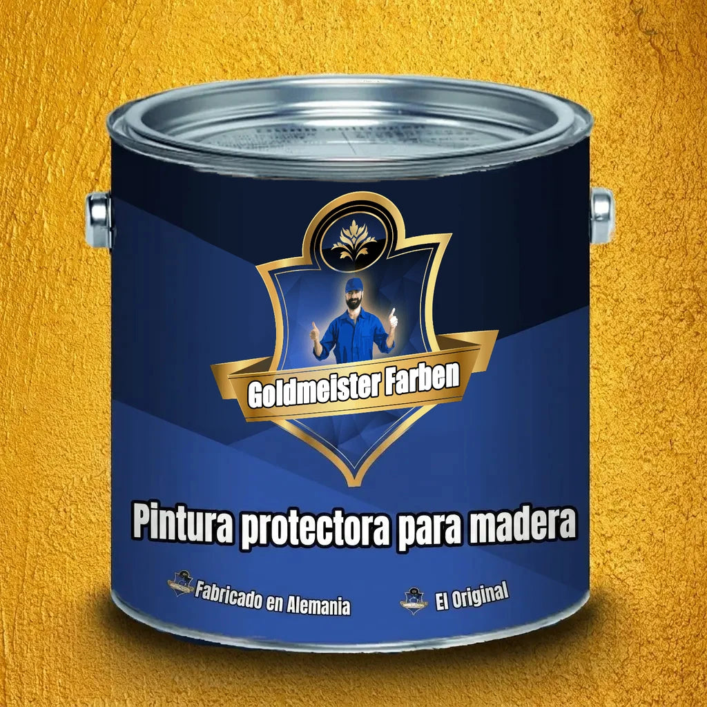 Bote de pintura azul oscuro Goldmeister Farben para protección de madera, con una etiqueta dorada y un hombre dando el pulgar hacia arriba.
