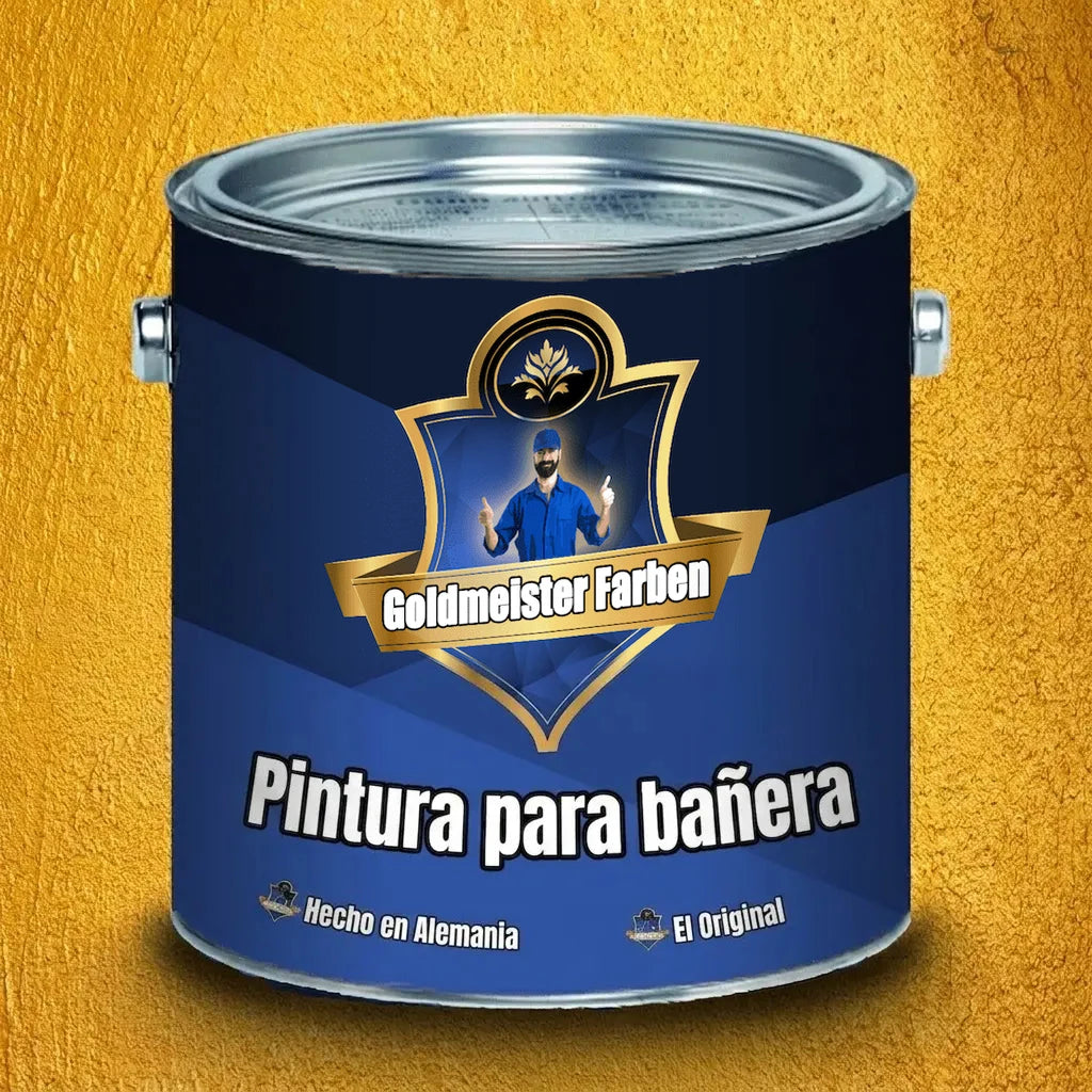Pintura para bañera Goldmeister Farben: bote azul con la etiqueta del producto, hecho en Alemania