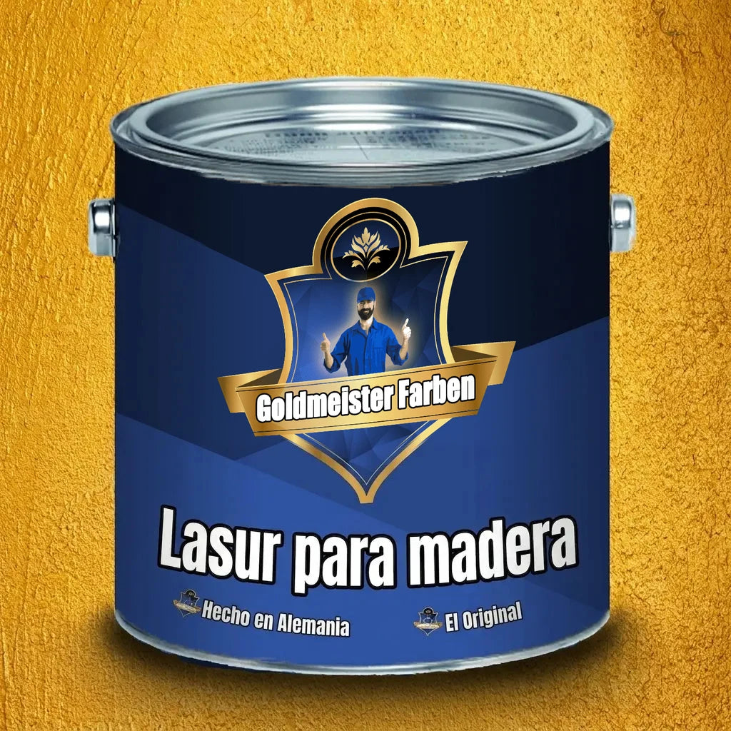 Bote de pintura azul Goldmeister Farben Holzlasur con etiqueta dorada y hombre. Fondo dorado texturizado.