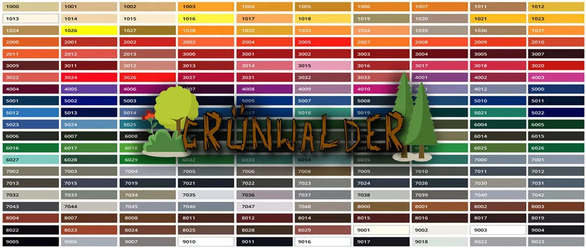 Carta de colores con muestras numeradas de diferentes tonalidades y el texto Grünwalder en el centro.