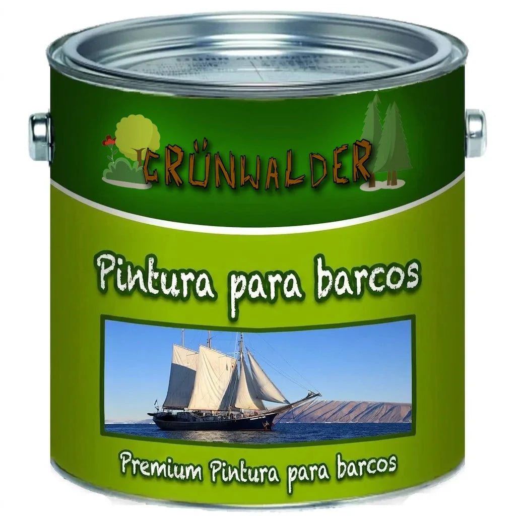 Bote de pintura verde GRÜNWALDER Bootslack, barniz premium para barcos, con imagen de velero en el mar.