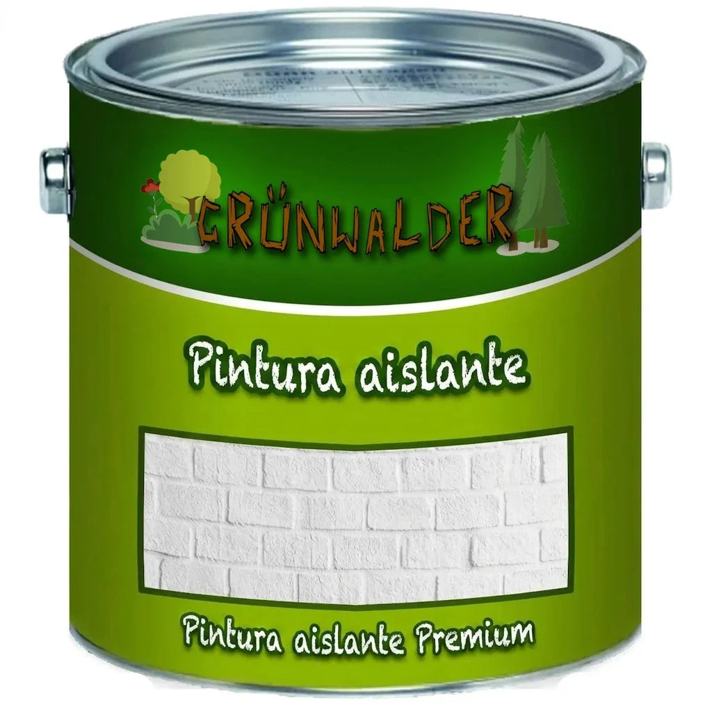 Bote de pintura aislante blanca Grünwalder con etiqueta verde. Texto 'Isolierfarbe' y 'Premium Isolierfarbe'.