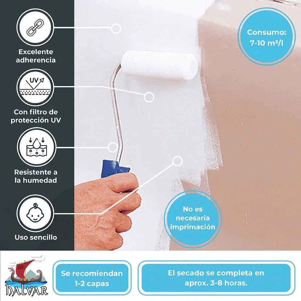 Pintura BALVAR con alta adherencia, protección UV, resistente humedad, fácil uso y secado rápido.