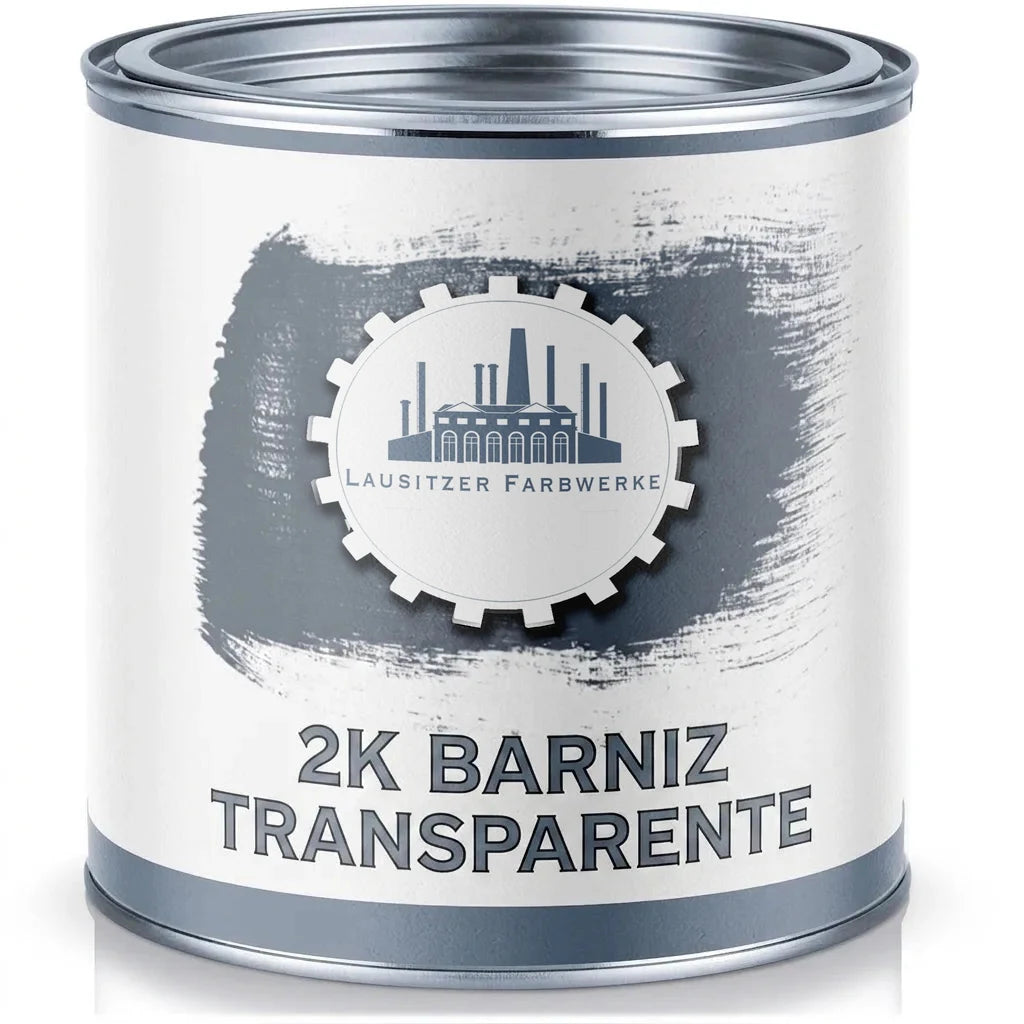 Bote de pintura metálico con etiqueta blanca y gris. Logo Lausitzer Farbwerke y texto 2K Klarlack.