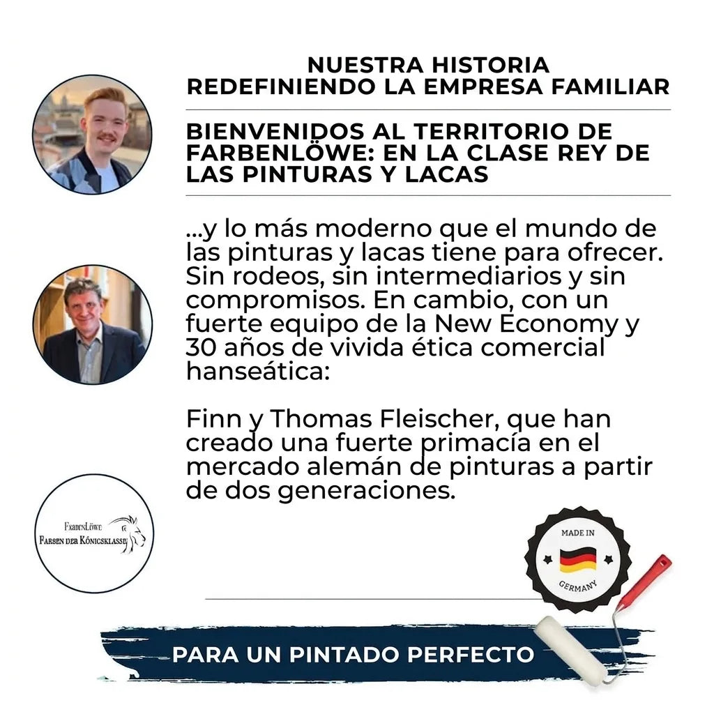 Infografía publicitaria de empresa alemana de pinturas FarbenLöwe, destacando su historia familiar, calidad y excelencia.