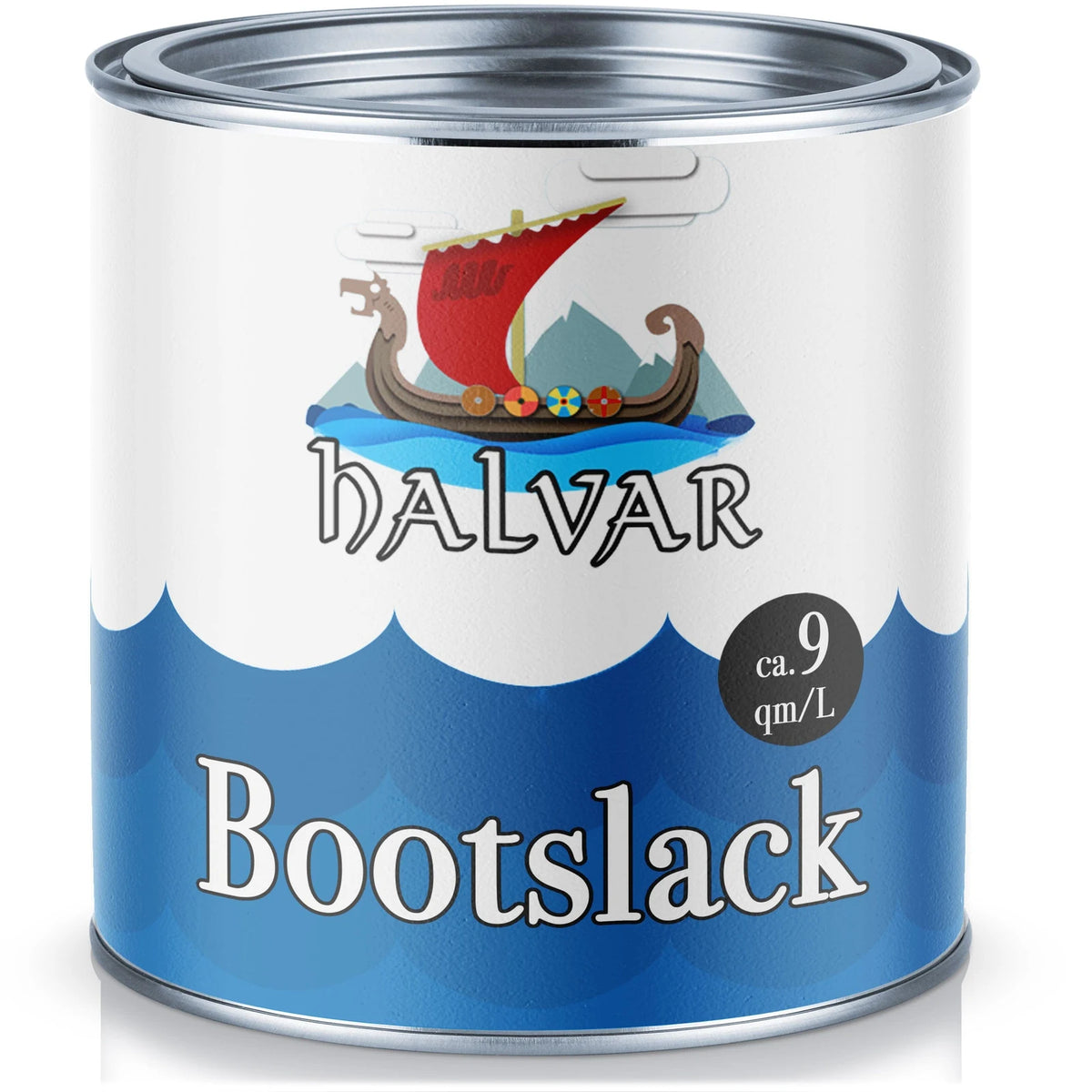 Lata de barniz para barcos Halvar, azul y blanco, con logo de barco vikingo, rendimiento 9 m²/L.