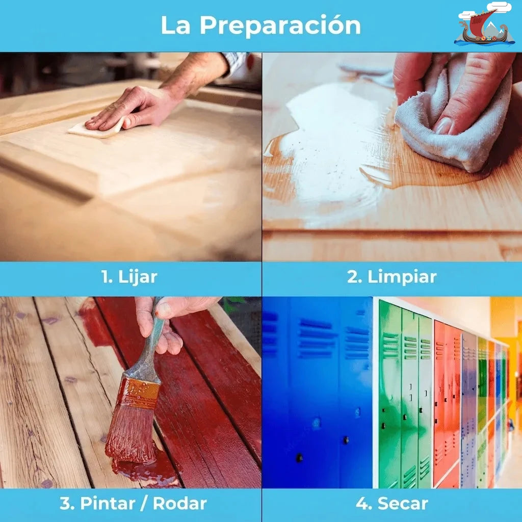 Pasos de preparación de superficies (lijado, limpieza, pintura, secado), con texto explicativo en alemán.