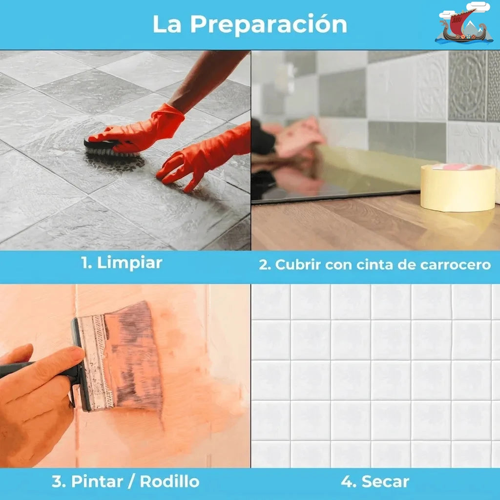 Cuatro pasos para preparar una superficie: limpiar, cubrir con cinta de pintor, pintar y secar.