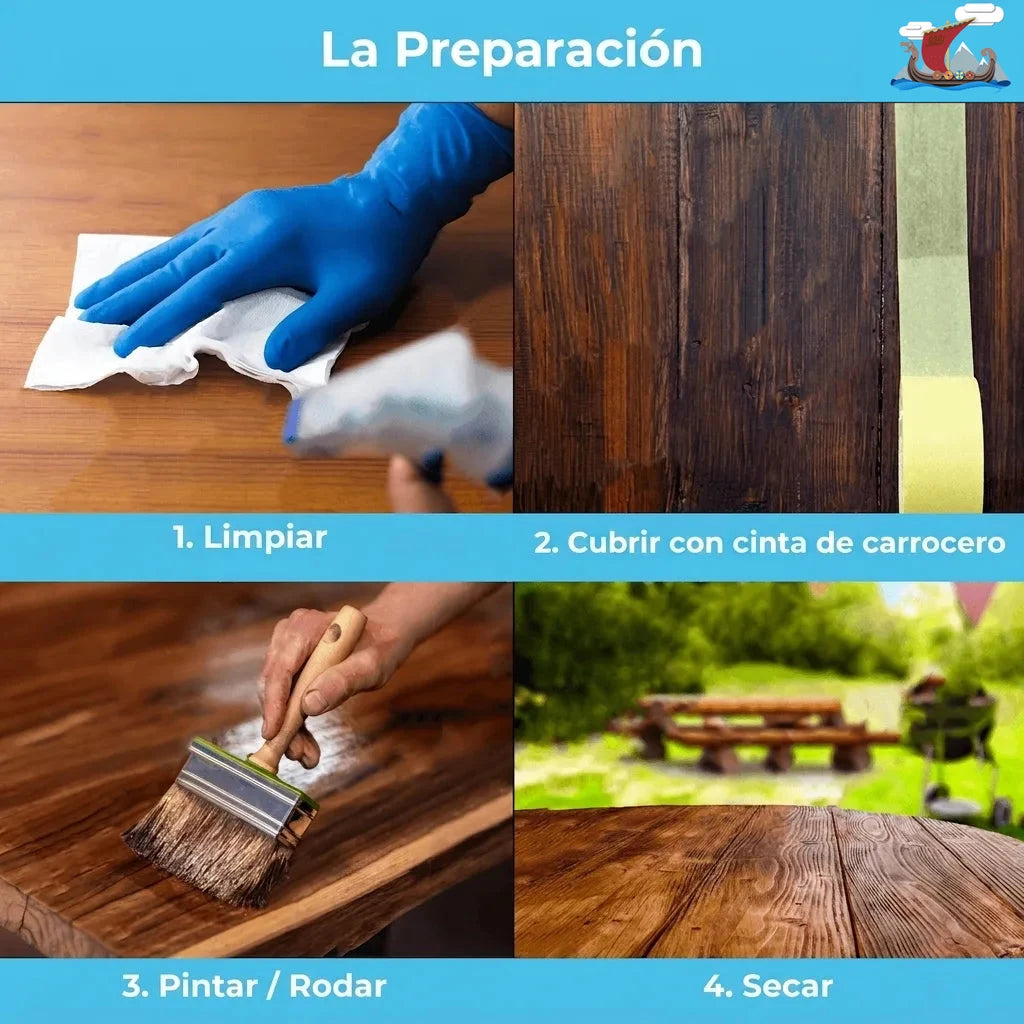 Imagen instructiva de 4 pasos para tratar madera, titulada 'La preparación'. Muestra: 1. Limpieza, 2. Aplicación de cinta de pintor, 3. Pint