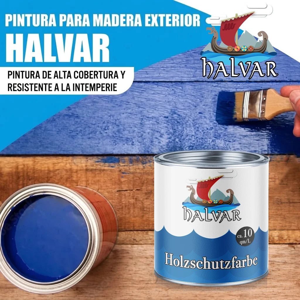Pintura para madera exterior Halvar. Bote de pintura azul "Holzschutzfarbe" y brocha pintando madera.