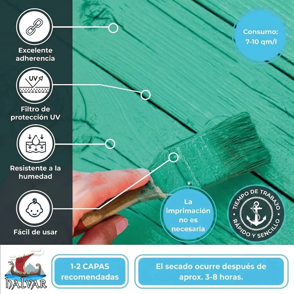 Características pintura verde para madera: alta adherencia, UV, humedad, fácil uso, sin imprimación, secado rápido.