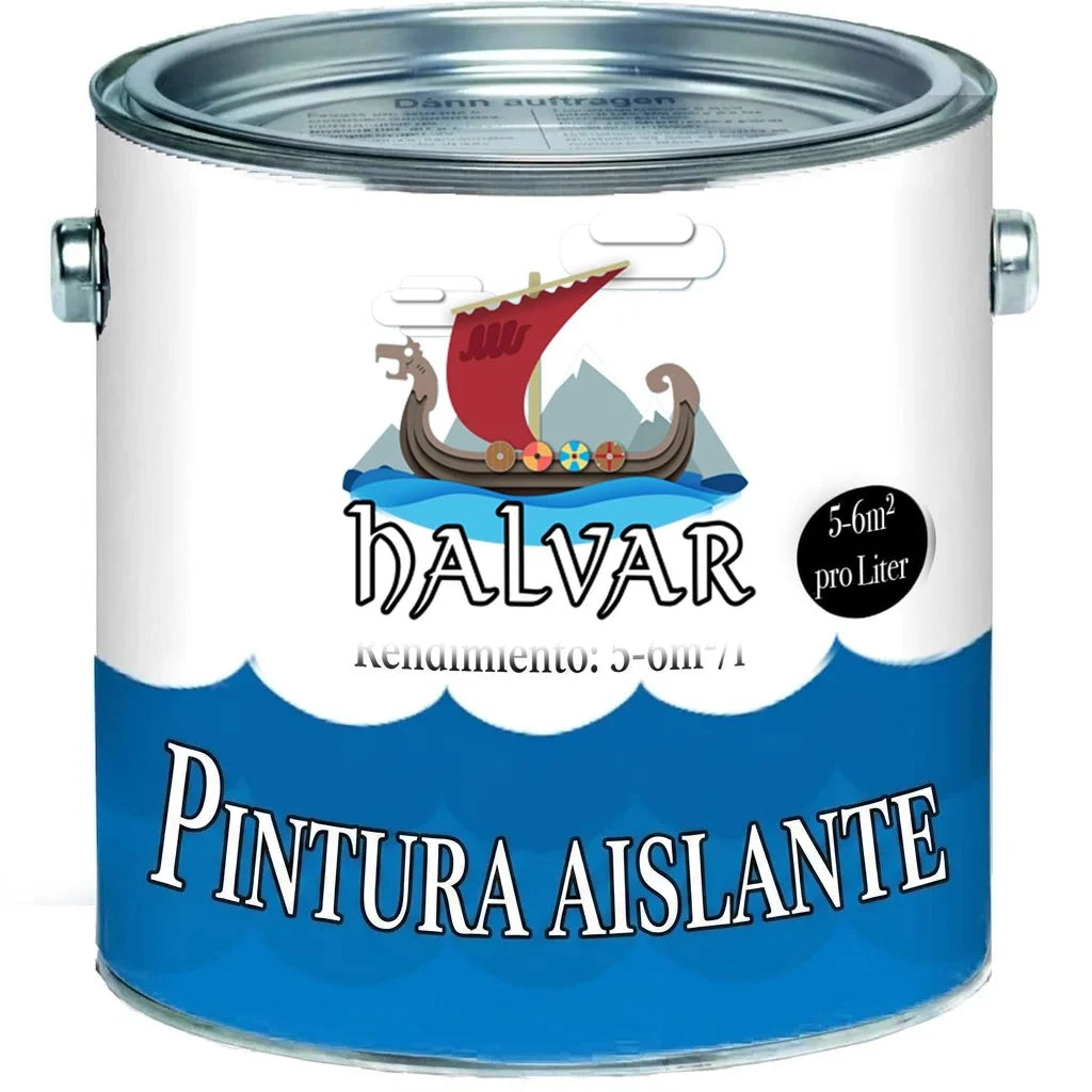 Bote de pintura aislante Halvar con logo de barco vikingo. Cubre 5-6m² por litro.