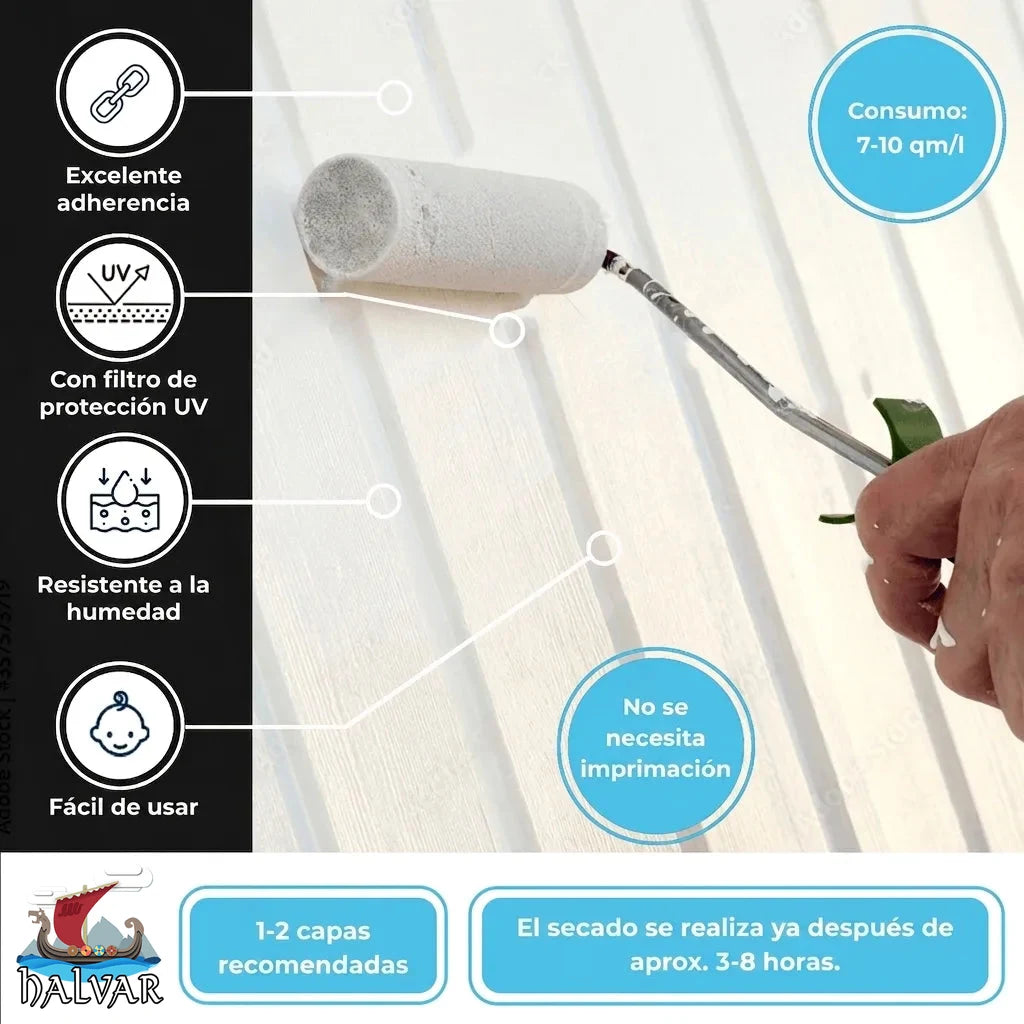Pintura blanca con excelente adherencia, protección UV y resistente a la humedad. Fácil aplicación, no requiere imprimación.