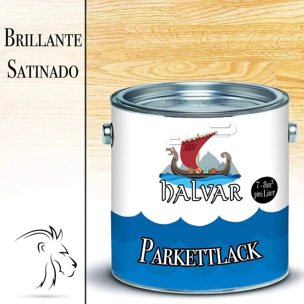 Lata de "Parkettlack" Halvar con barco vikingo; texto "Brillante Satinado" y logo de león.