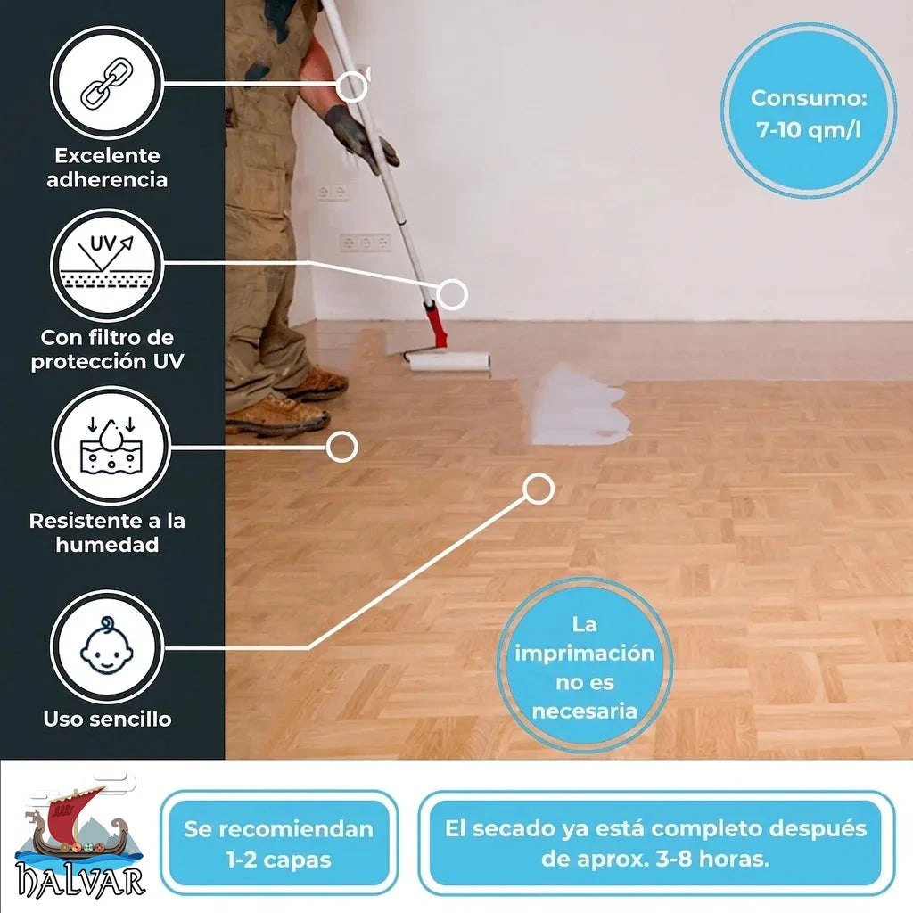 Barniz para parquet Halvar: hombre aplicando el barniz protector sobre un suelo de madera