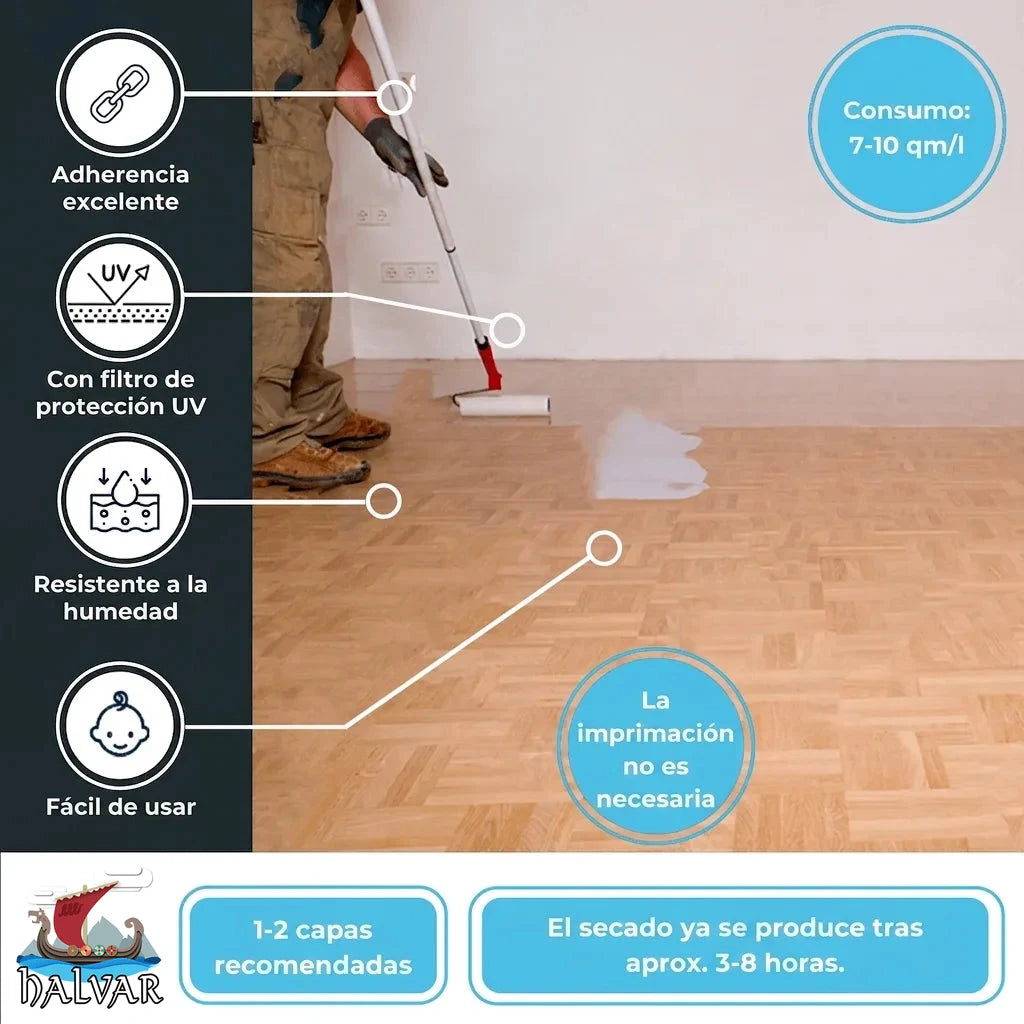 Barniz para parquet Halvar: hombre aplicándolo sobre un suelo de parquet, sin imprimación y con protección UV