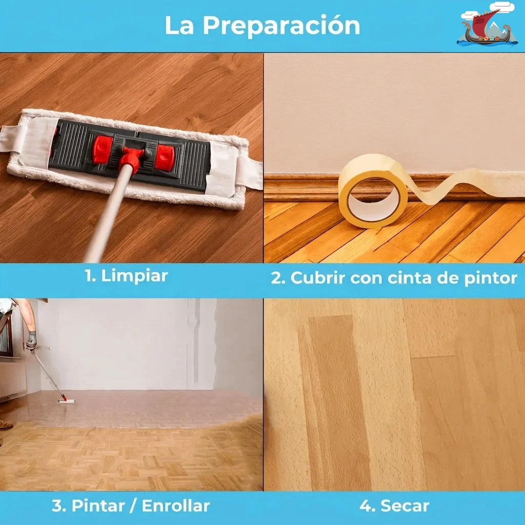 Pasos para preparar y tratar un suelo de madera: limpiar, encintar, pintar/rodar y secar.