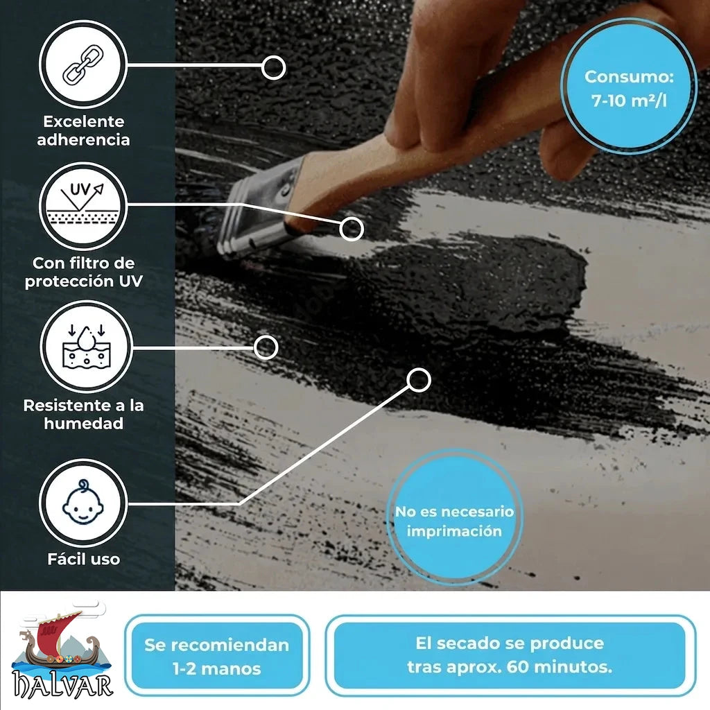 Aplicando revestimiento negro HALVAR con brocha. Destaca excelente adherencia, protección UV, resistencia a la humedad, fácil uso y rápido s