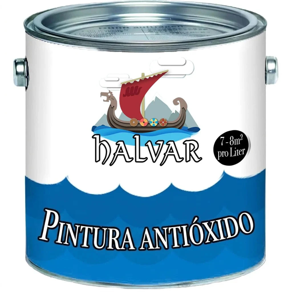 Lata de pintura Halvar con barco vikingo. Pintura protectora contra el óxido, rendimiento 7-8m² por litro.