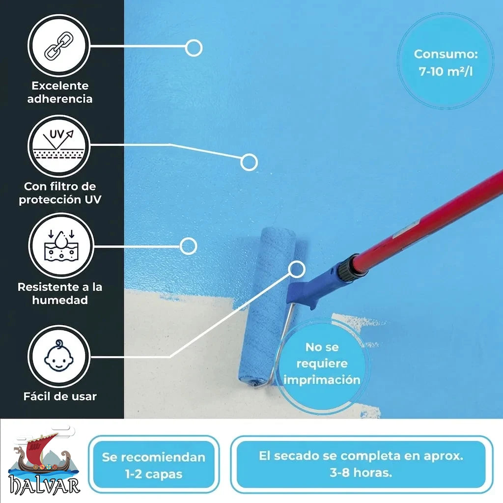 Pintura HALVAR azul en aplicación, resaltando adherencia, protección UV, resistencia humedad, fácil uso y no requiere imprimación.