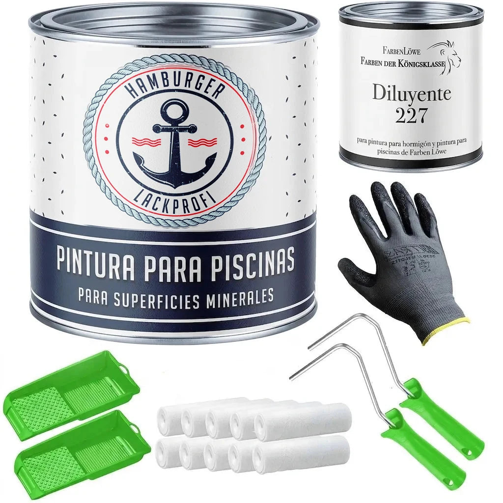 Pintura para piscina, diluyente 227, guantes, bandejas y rodillos. Kit completo de Hamburger Lackprofi.