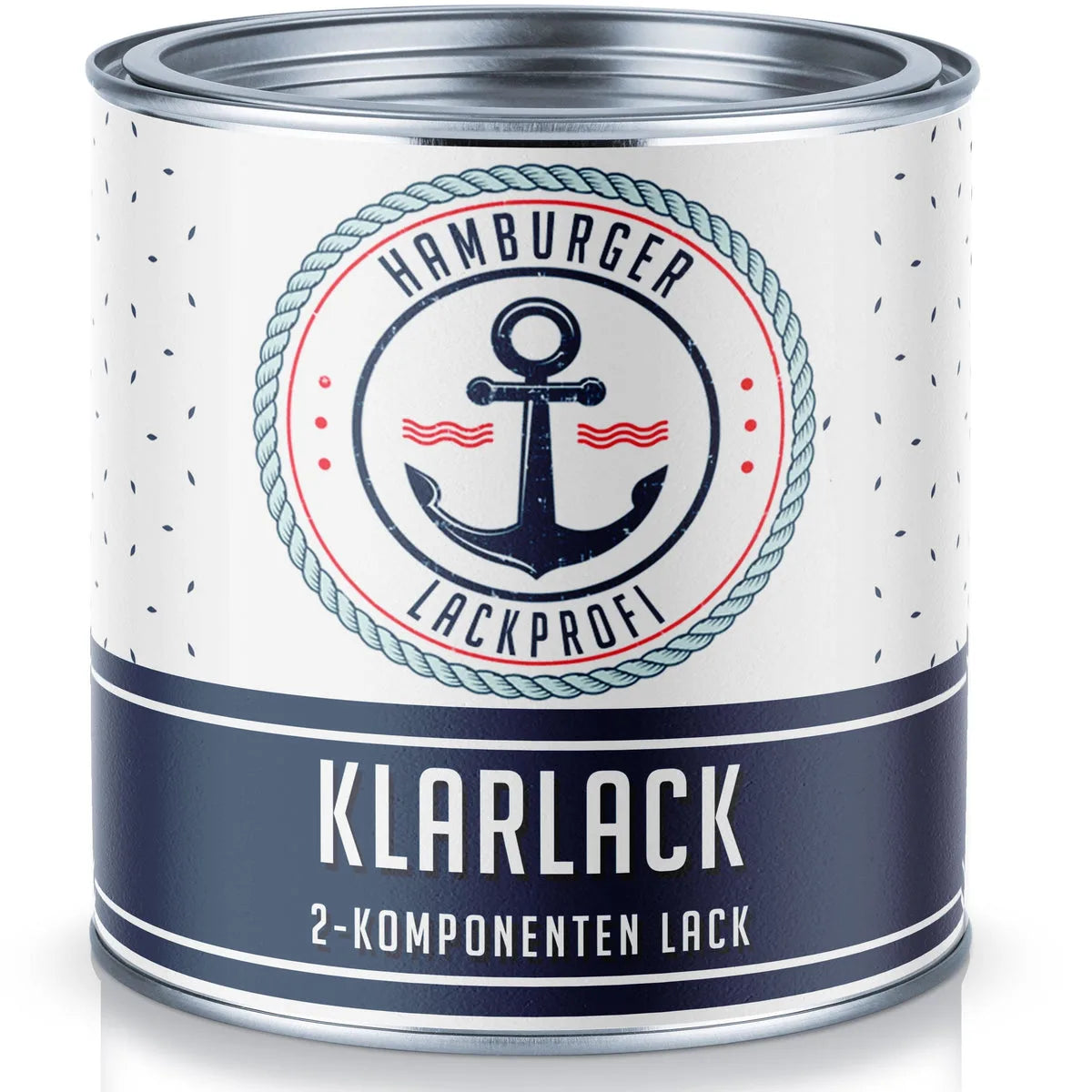 Lata de barniz transparente de 2 componentes 'Hamburger Lackprofi' con diseño náutico de ancla.